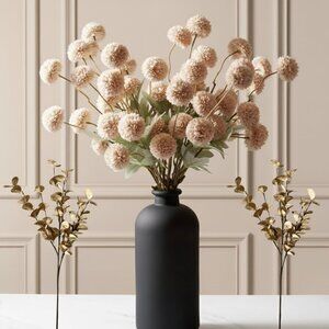 Beige Faux Kiku Flowers for Vase 10 Long Stem Artificial Flowers with Eucalyptus